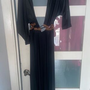 Gorgeous Chic Black plunge Maxi elegant Dress with Brown Accents made in Brazil
